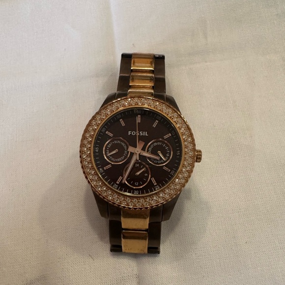Fossil Watch Brown and Gold Tones with Rhinestones, All Stainless Steel - Picture 5 of 5